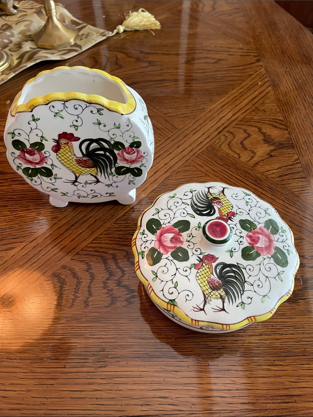 Early Provincial ceramic glazed vintage covered bowl and vace